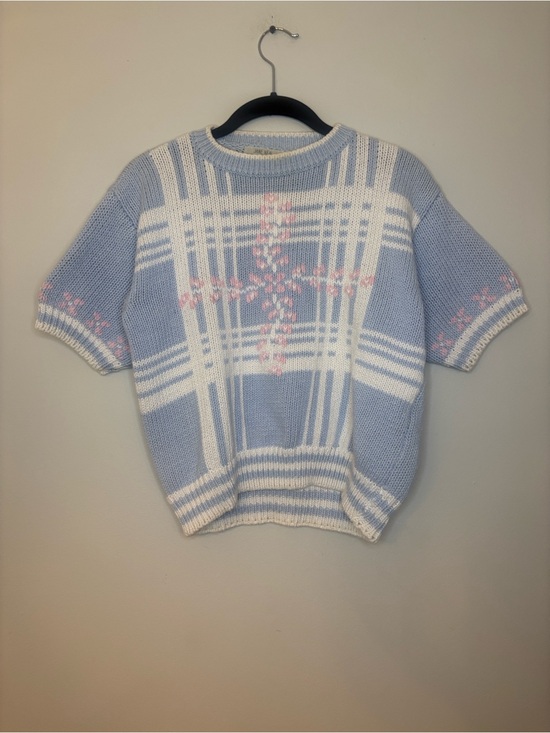 jane neal Sweaters - Pastel Blue & White Short-Sleeve Knit Sweater with Pink Accents